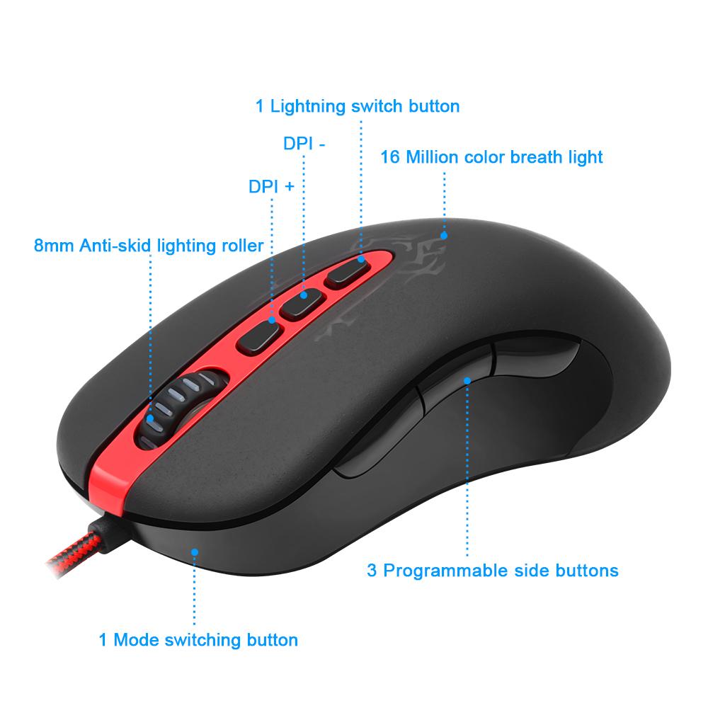 Redragon Gaming Mouse PC 3200 DPI Durable smooth TEFLON feet pads 5 programmable buttons high-speed USB Wired for Desktop