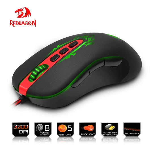 Redragon Gaming Mouse PC 3200 DPI Durable smooth TEFLON feet pads 5 programmable buttons high-speed USB Wired for Desktop