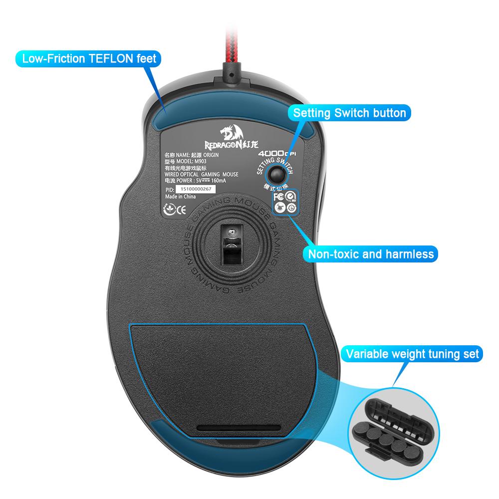 Redragon Gaming Mouse PC 3200 DPI Durable smooth TEFLON feet pads 5 programmable buttons high-speed USB Wired for Desktop