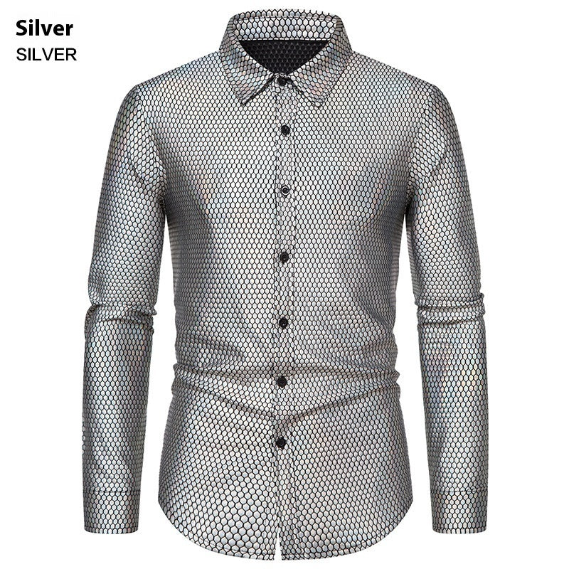 Men's Rhombus Bronzing Printed Long Sleeve Button-down Shirt Fashion Casual