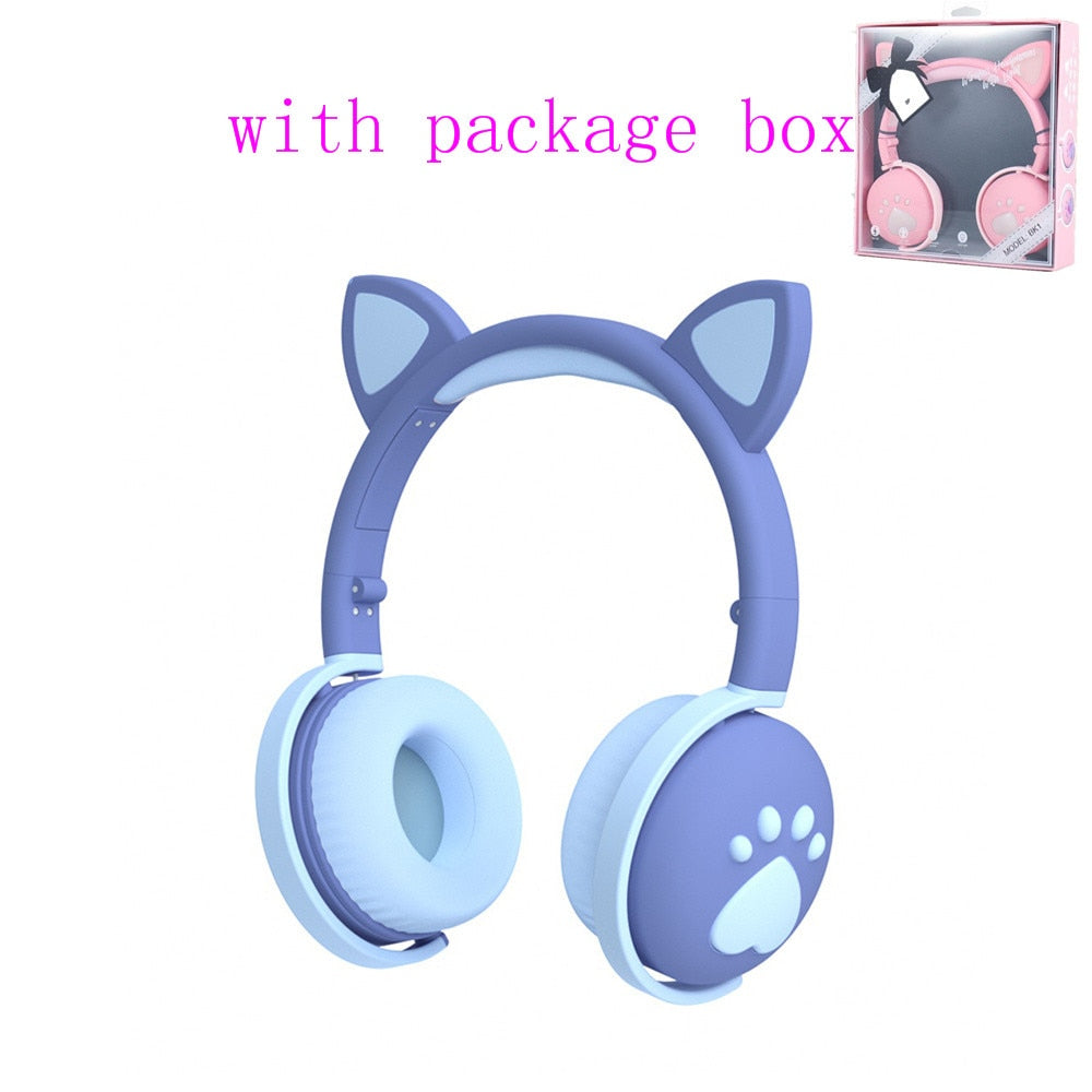 AIKSWE Bluetooth Headphones glowing cute LED Cat Ear Paw Girls Gift Kids Headset Wireless HIFI Stereo Bass 3.5mm Plug With Mic