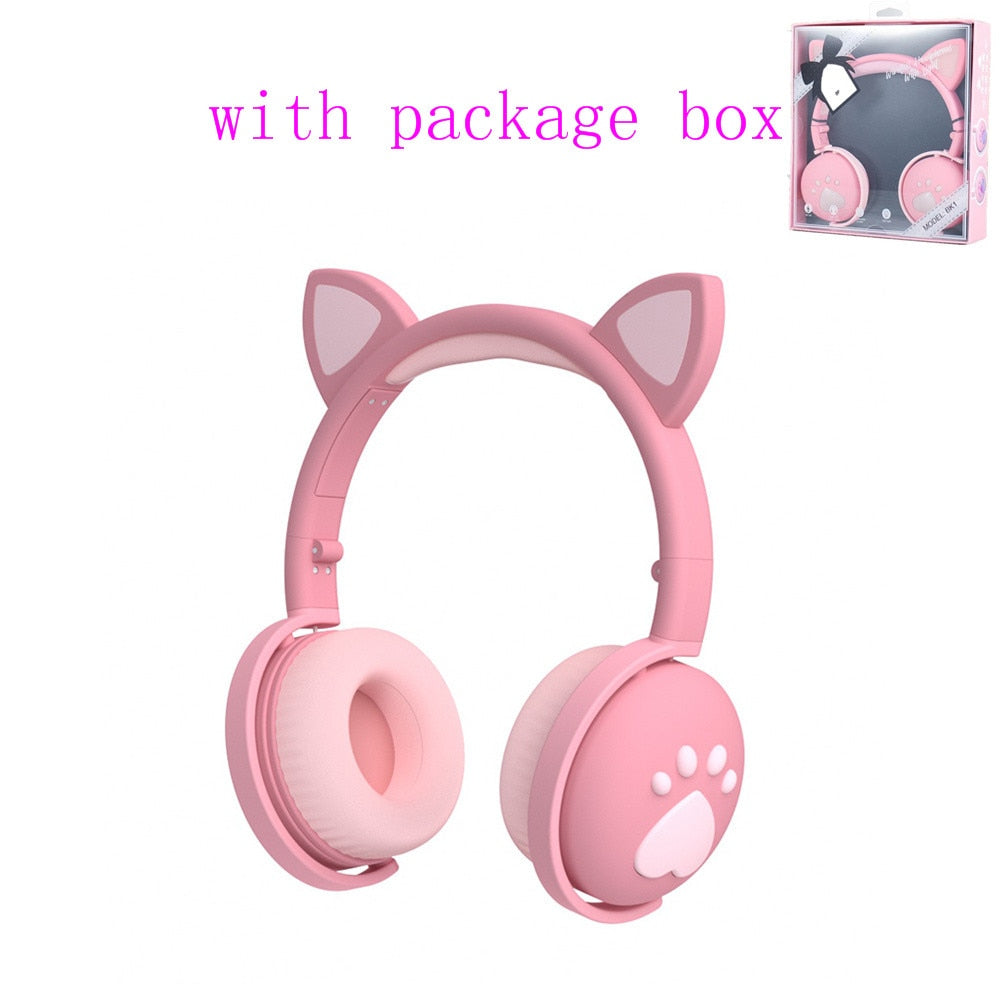 AIKSWE Bluetooth Headphones glowing cute LED Cat Ear Paw Girls Gift Kids Headset Wireless HIFI Stereo Bass 3.5mm Plug With Mic