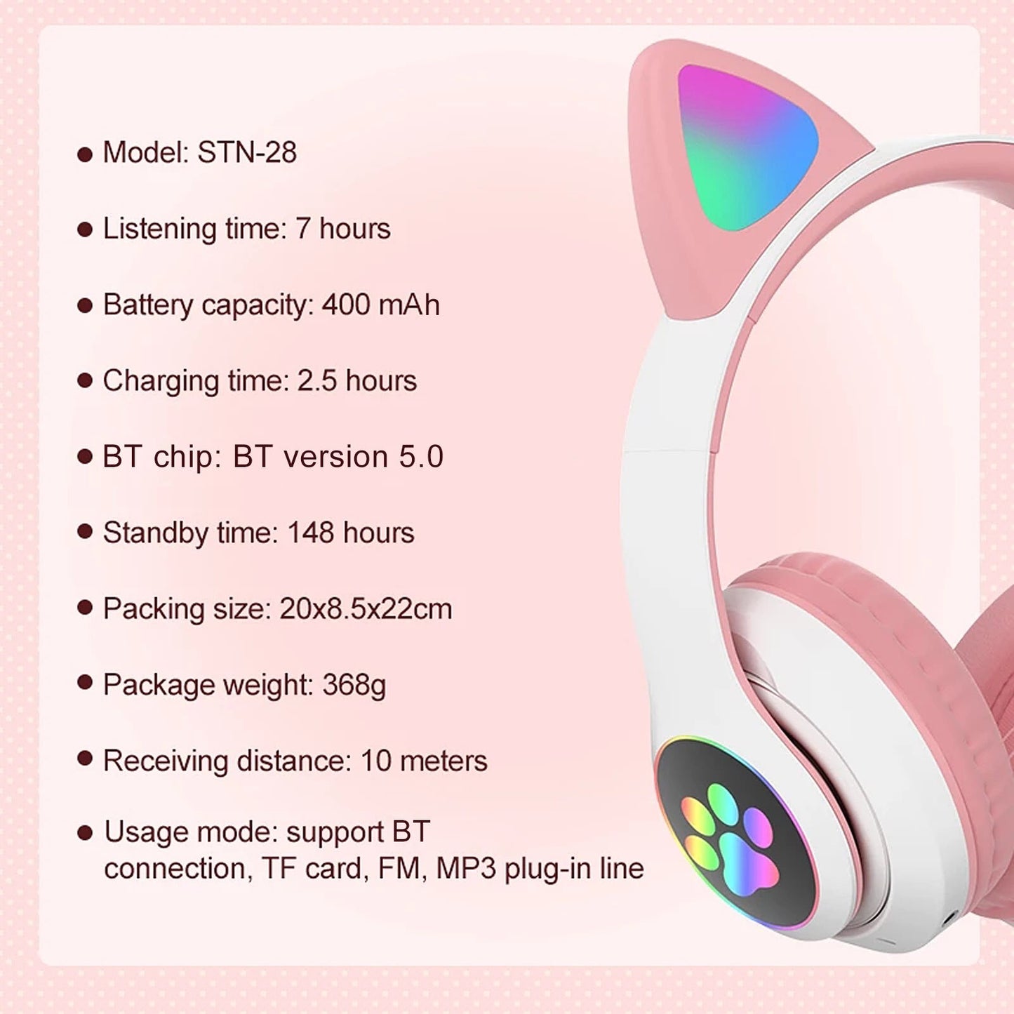 STN-28 Over Ear Music Headset Glowing Cat Ear Headphones Foldable Wireless BT5.0 Earphone with Mic LED Lights for PC Phone