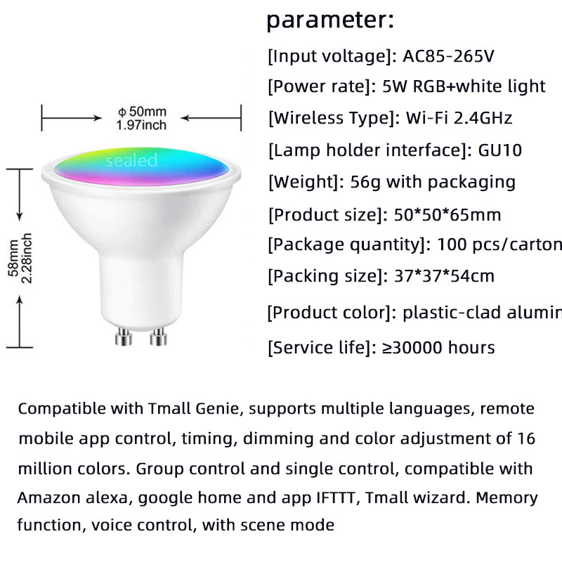 WIFI Smart Spotlight GU10 RGBCW Mobile Phone APP Dimming And Color Matching Support Alexa Speaker Control