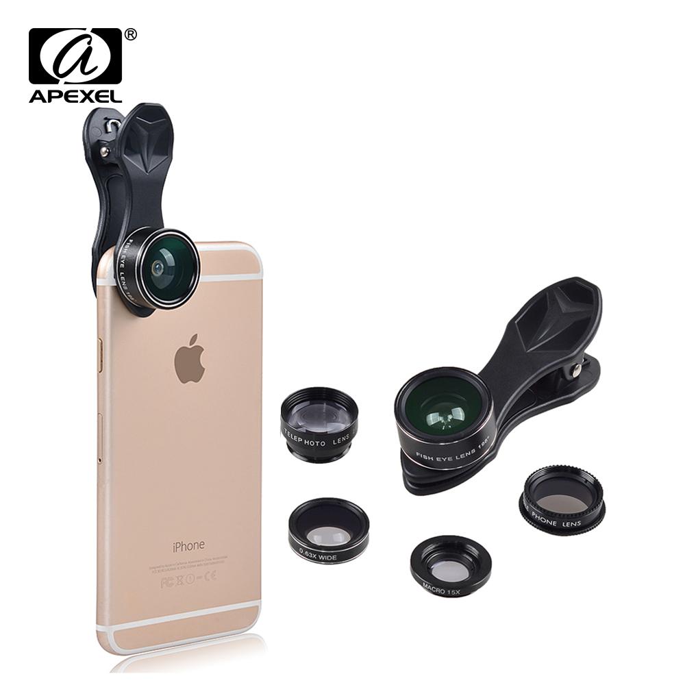 APEXEL 5 in 1 Fisheye Wide Angle Macro lens Telescope telephoto lens CPL Mobile Phone mini camera lens for iPhone Samsung xiaomi